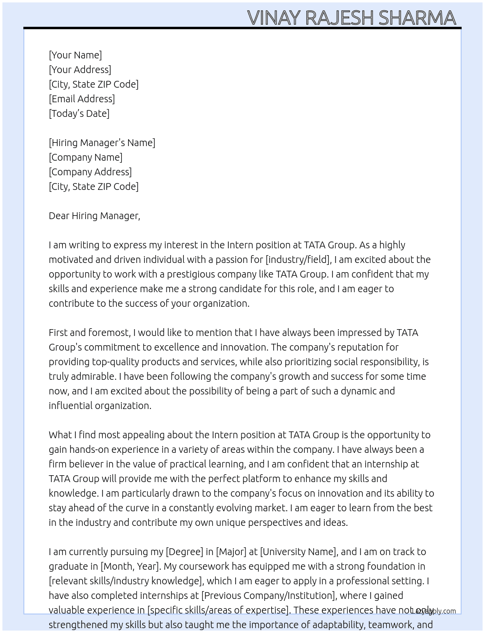 Intern At TATA Group Cover Letter