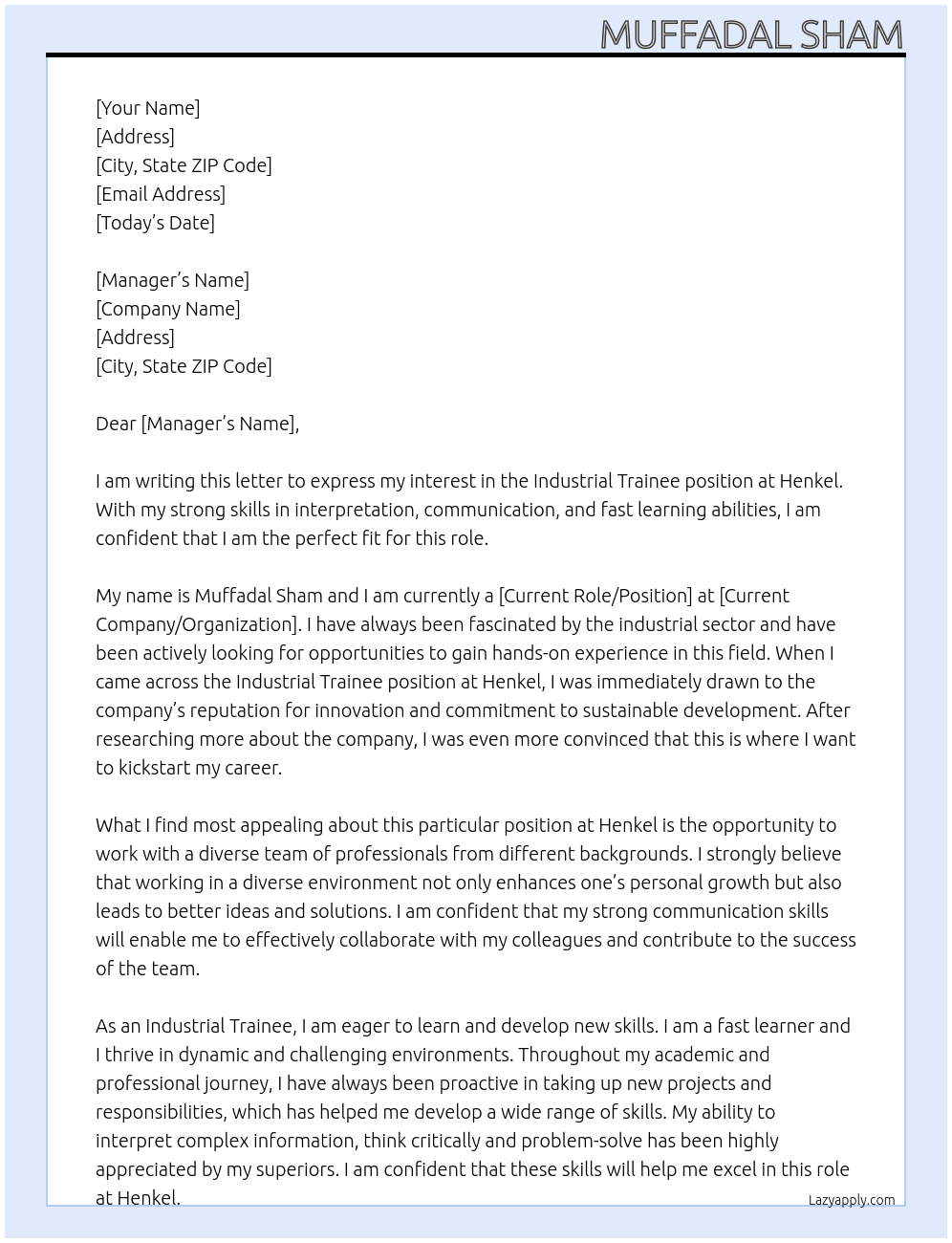 Industrial trainee  At Henkel  Cover Letter