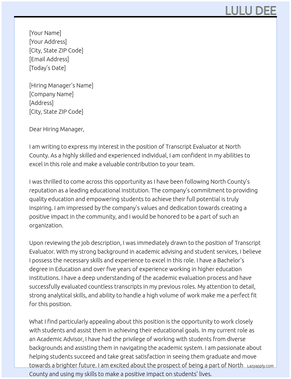 Transcript Evaluator  At North County  Cover Letter