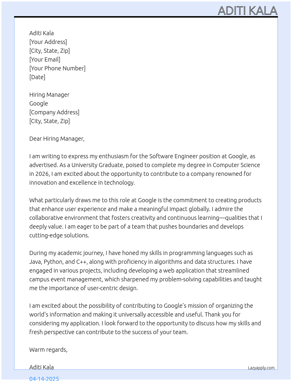 Software Engineer, University Graduate, 2026 At Google Cover Letter