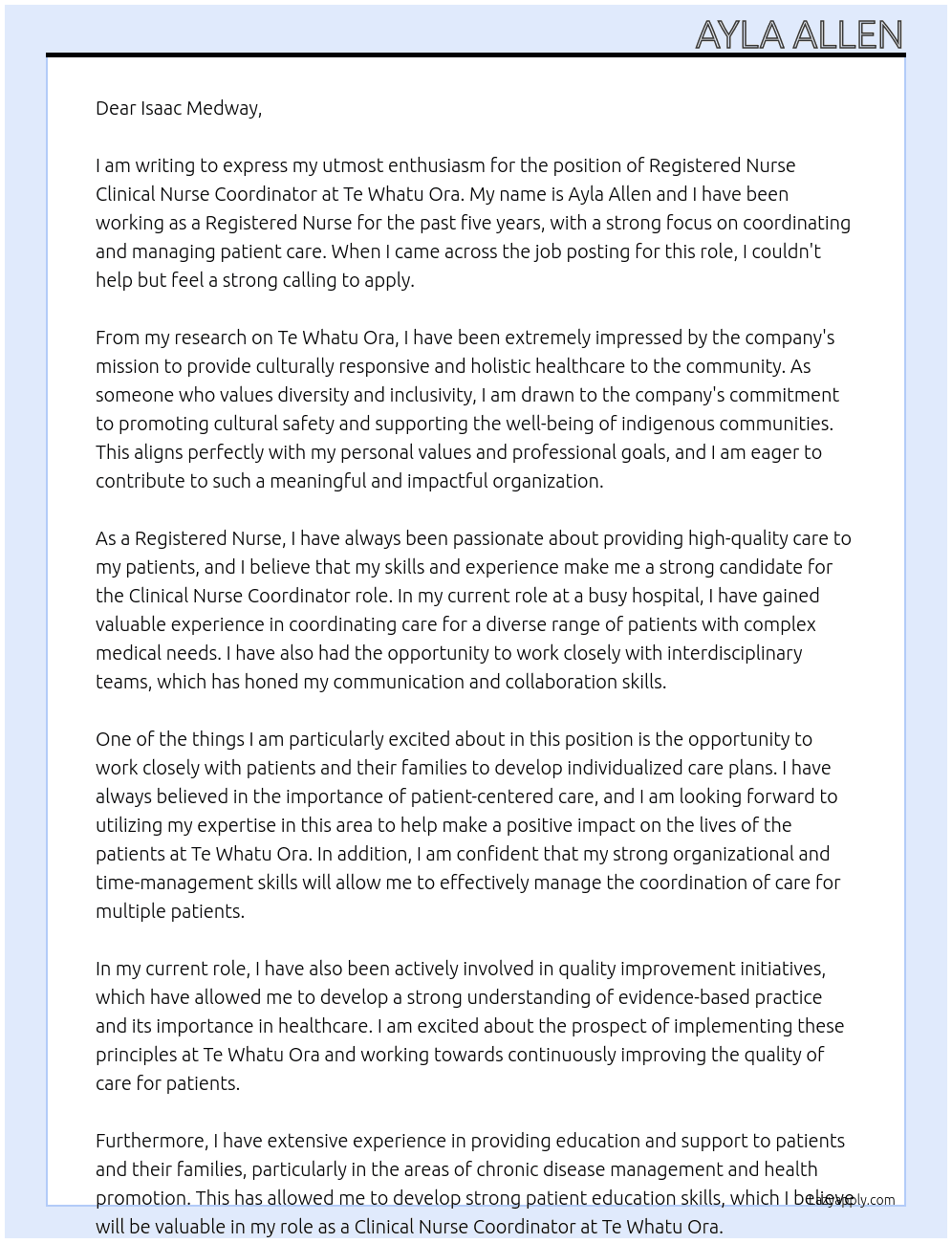 Registered Nurse clinical nurse coordinator At Te Whatu Ora Cover Letter