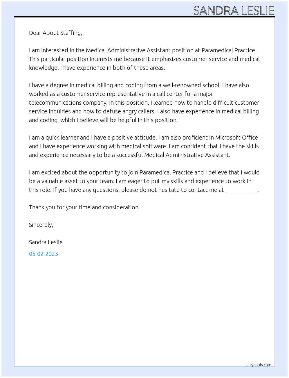 Medical Administrative Assistant At Paramedical Practice Cover Letter