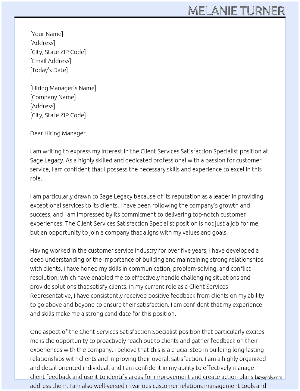 Client Services Satisfaction Specialist At Sage Legacy Cover Letter
