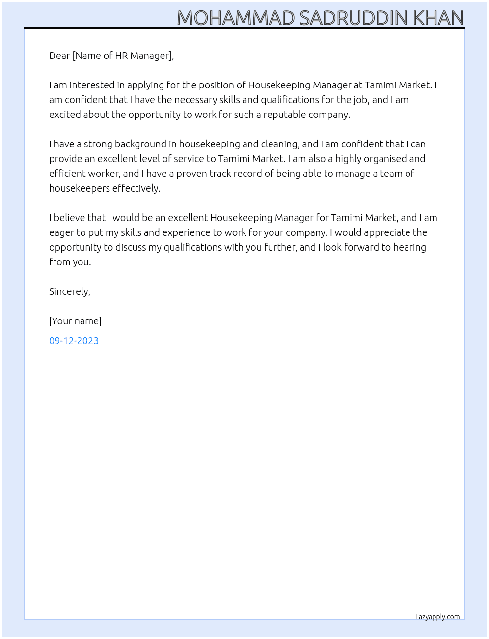 Housekeeping Manager At Tamimi Market Cover Letter
