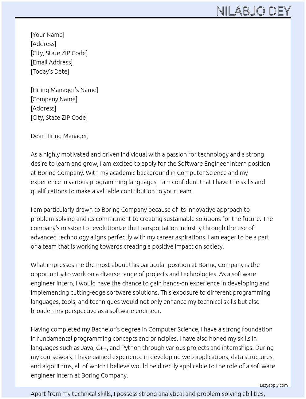 software engineer intern At Boring Company Cover Letter