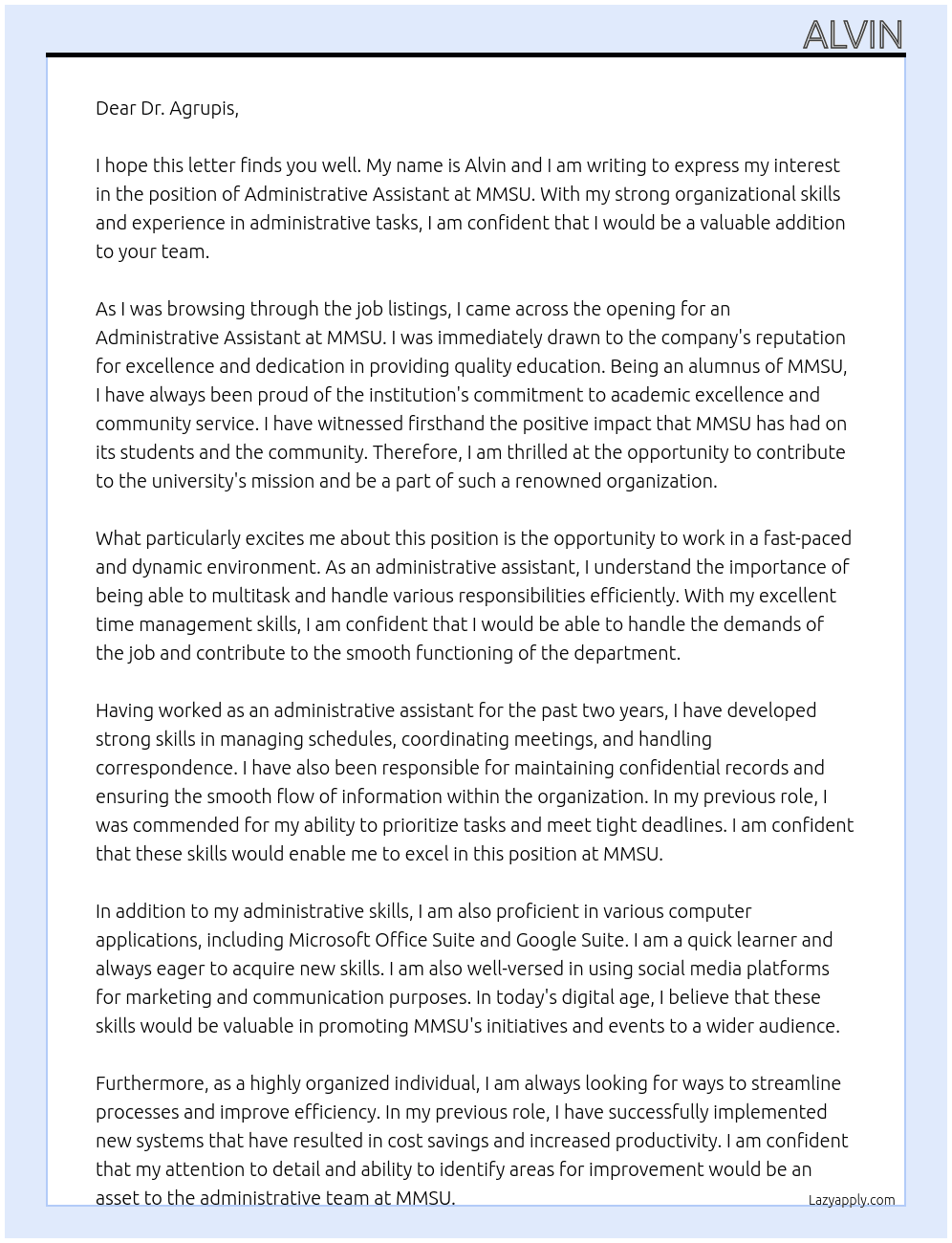 ADMIN ASSISTANT At MMSU Cover Letter