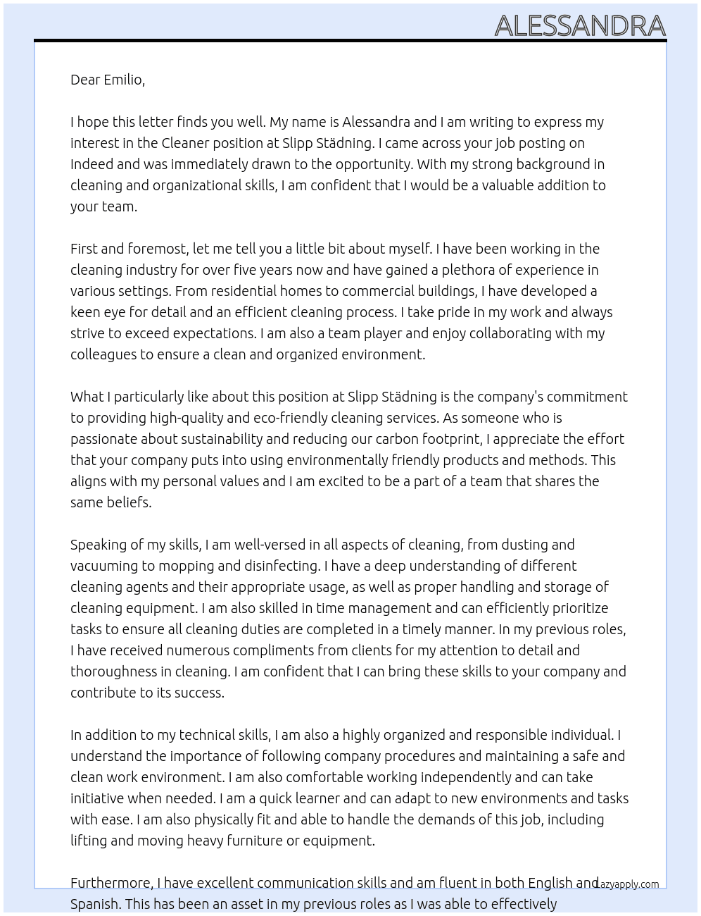 Cleaner At Slipp Städning Cover Letter