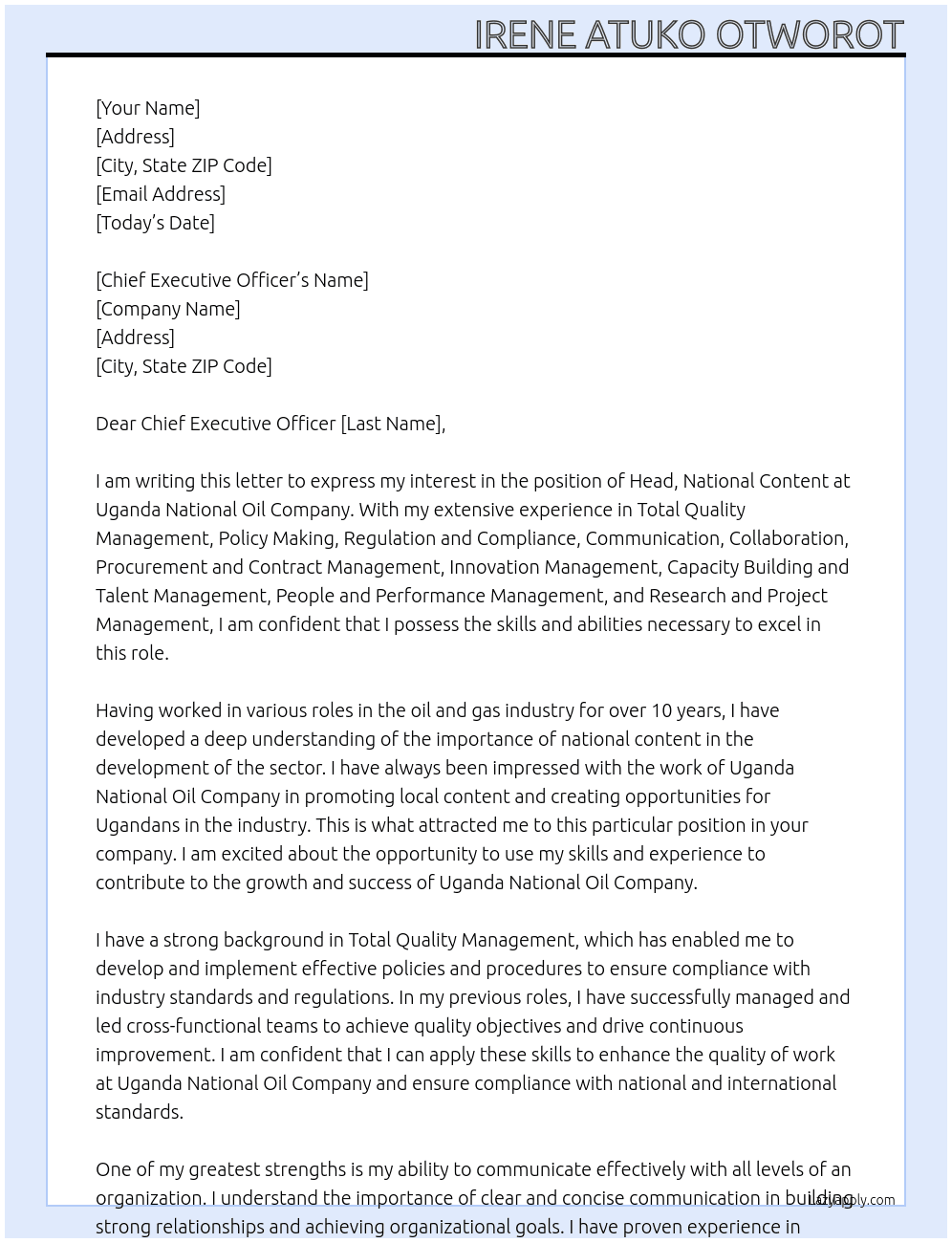 Head, National Content At Uganda National Oil Company Cover Letter