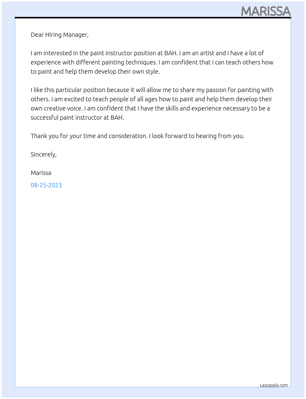 Paint instructor  At BAH Cover Letter