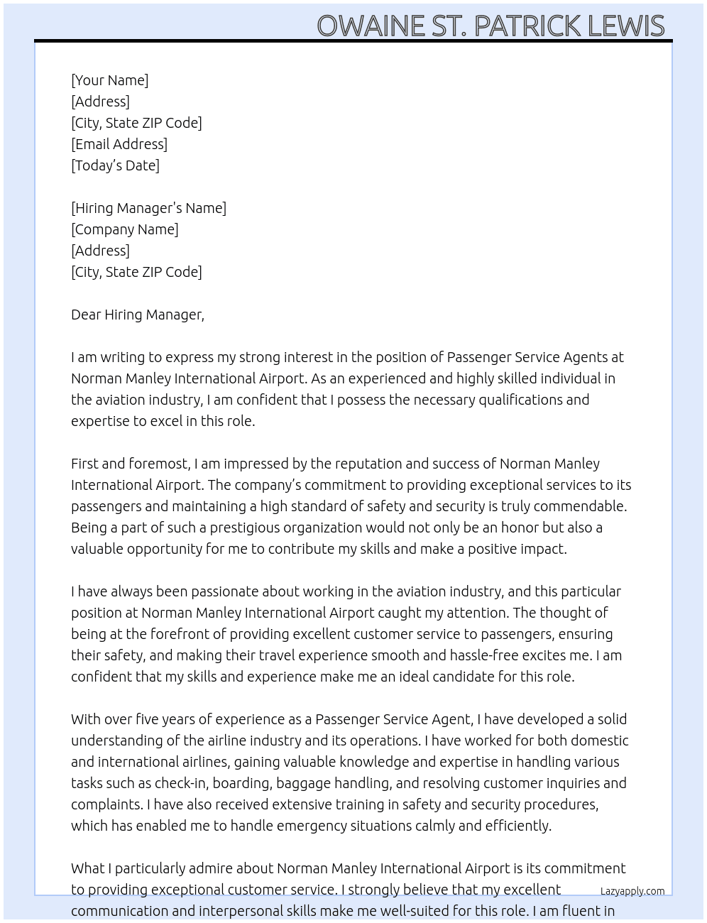 Passenger Service Agents At Norman Manley International Airport  Cover Letter