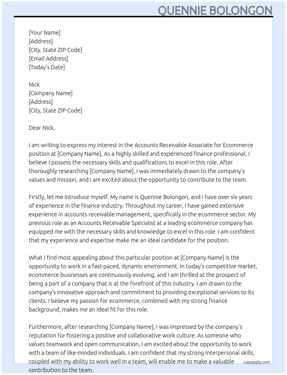 Accounts Receivable Associate For Ecommerce  At Accounts Receivable Associate For Ecommerce  Cover Letter