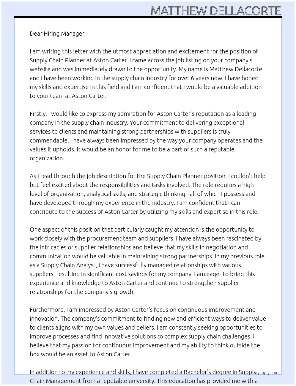 Supply Chain Planner At Aston Carter Cover Letter