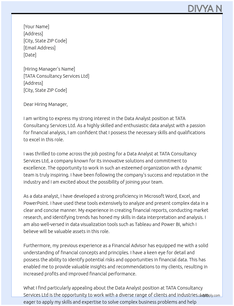 Data Analyst At TATA consultancy services Ltd Cover Letter