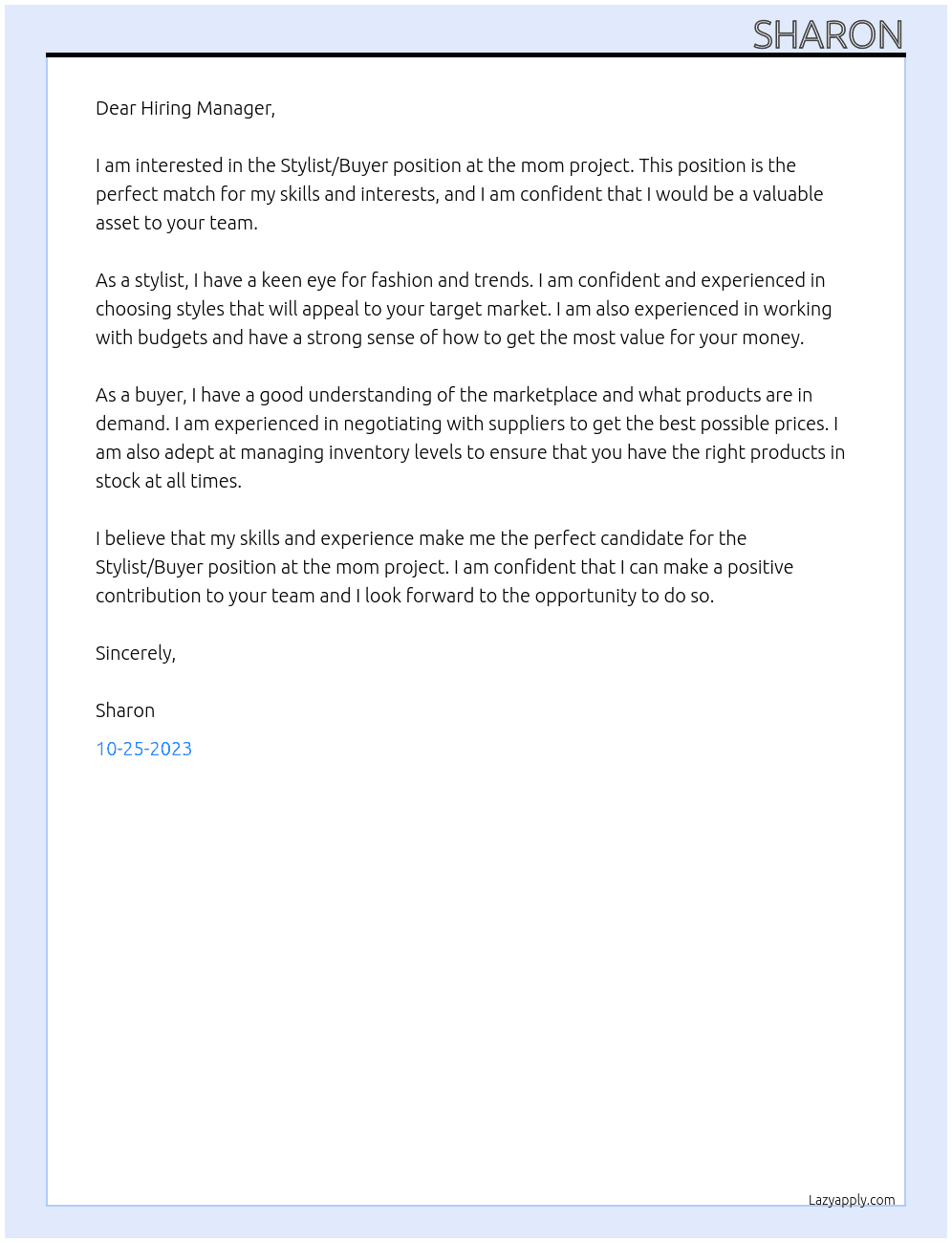 Stylist/Buyer At mom projrct Cover Letter