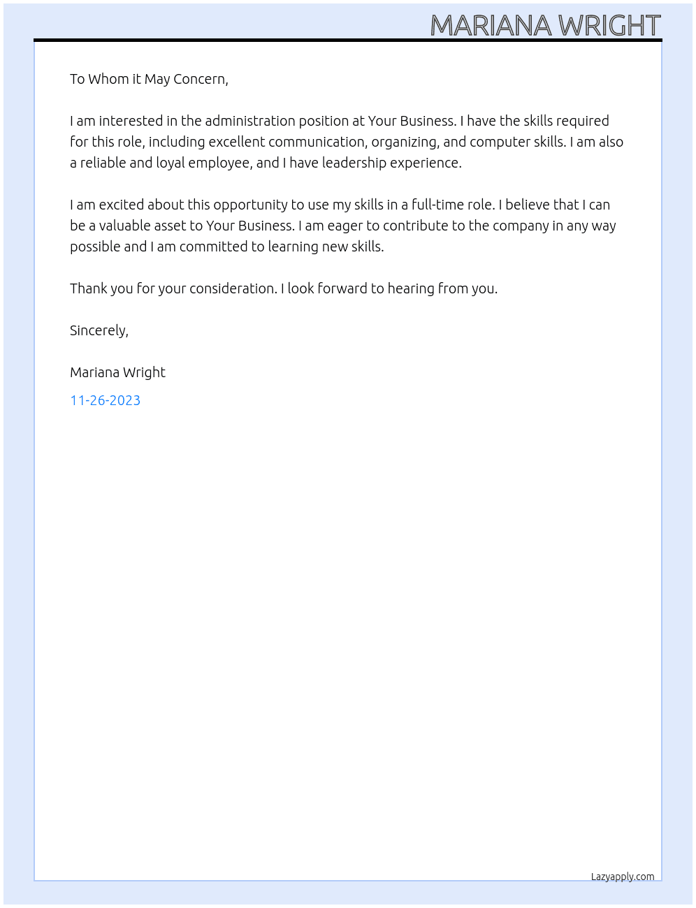 Administration At Your business Cover Letter