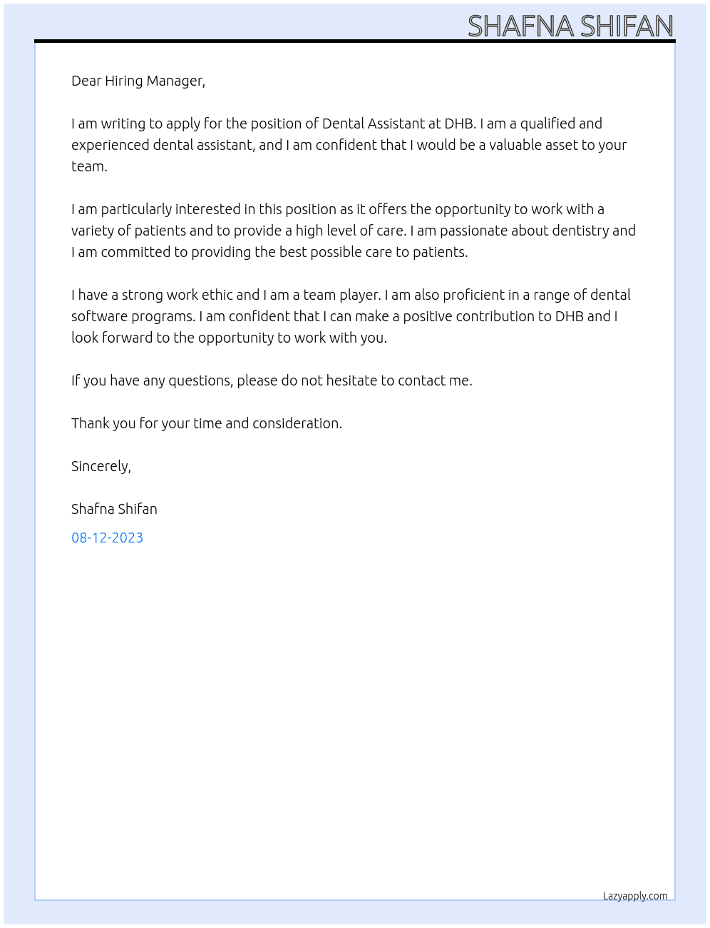 Dental Assistant At DHB Cover Letter