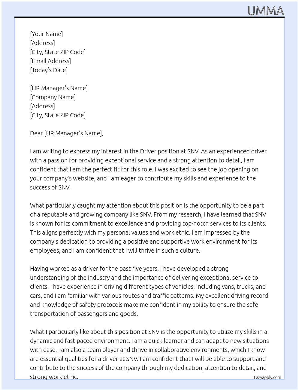 Driver  At SNV Cover Letter