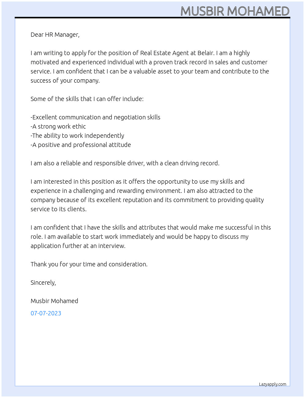 real estate agent At belair Cover Letter