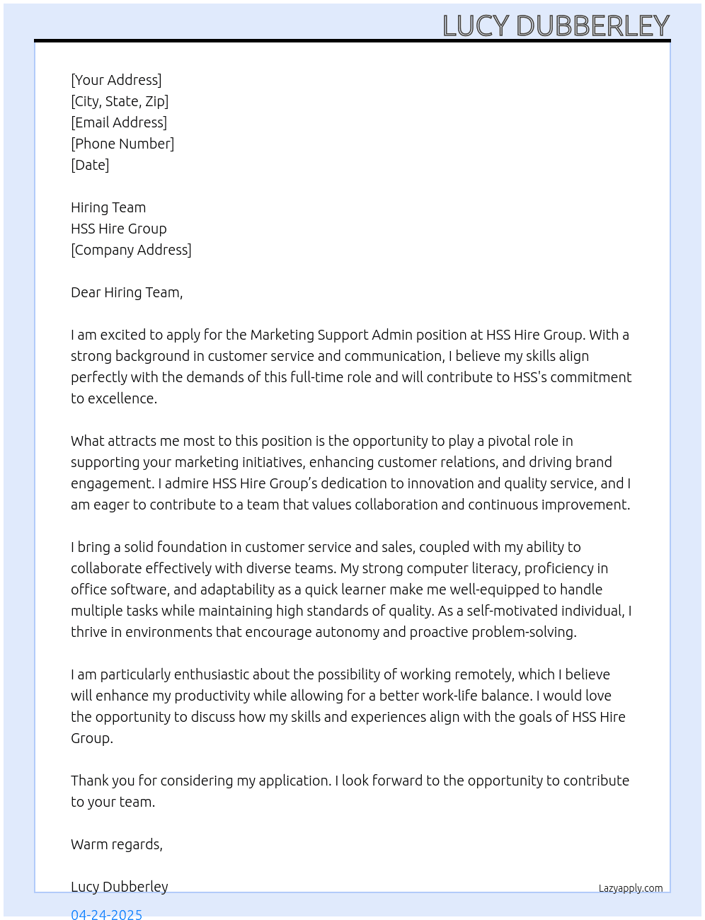 Cover letter for marketing support admin - LazyApply