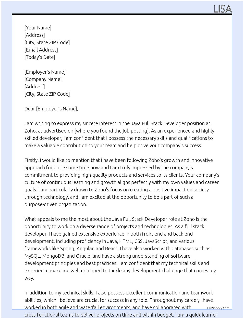 Java full stack developer  At Zoho Cover Letter