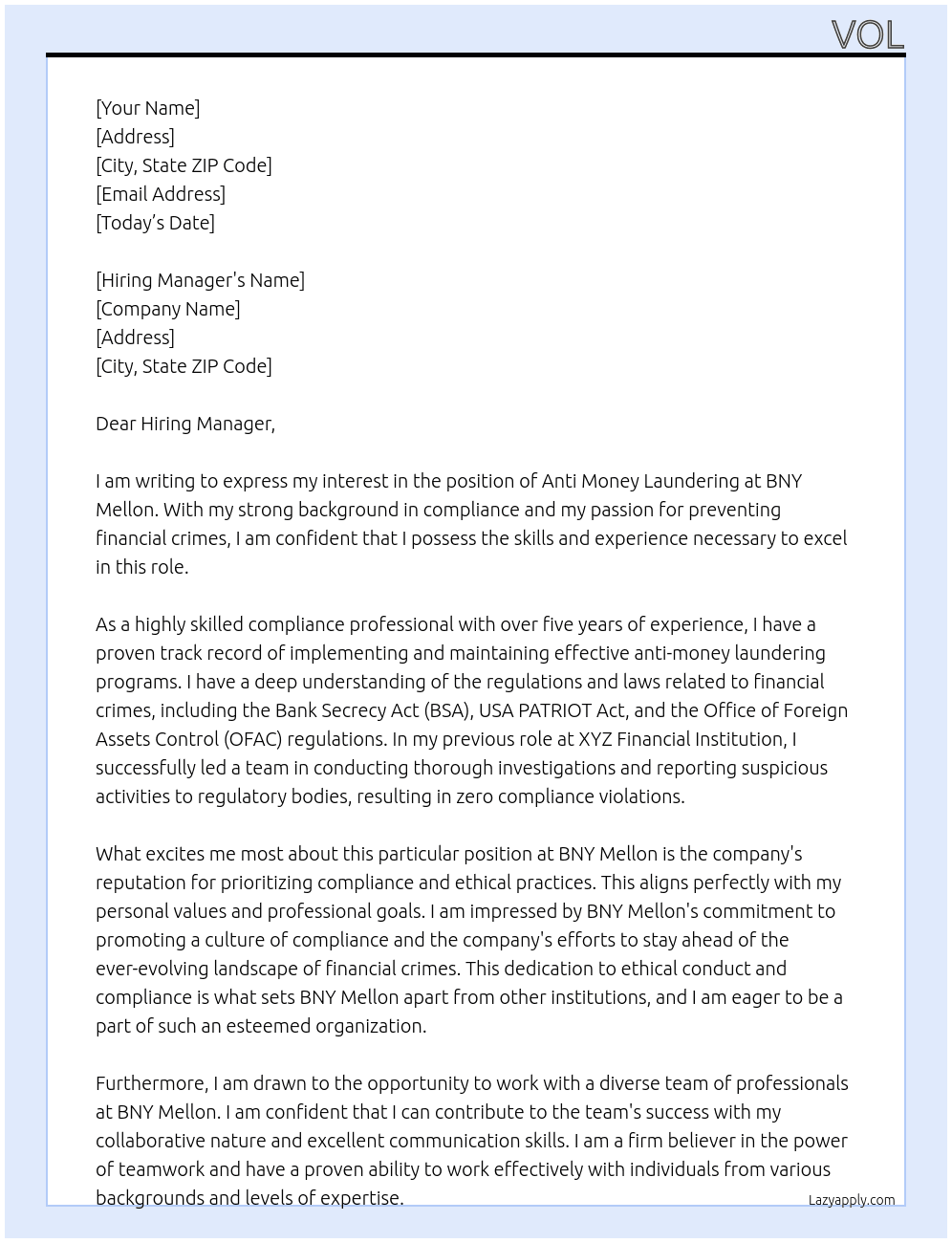 Anti Money laundering At Bny mellon Cover Letter