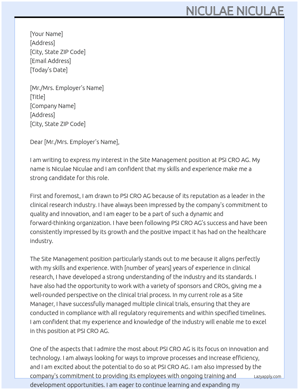 Site Management At PSI CRO AG Cover Letter