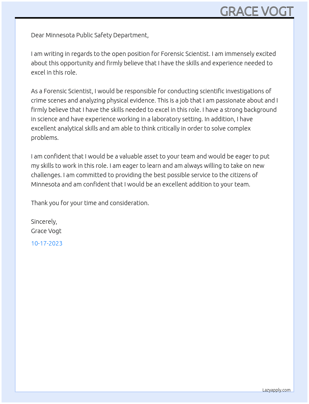 Forensic Scientist  At Minnesota Public Safety Department  Cover Letter