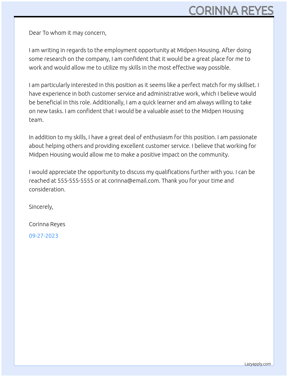 Employment At Midpen Housing Cover Letter