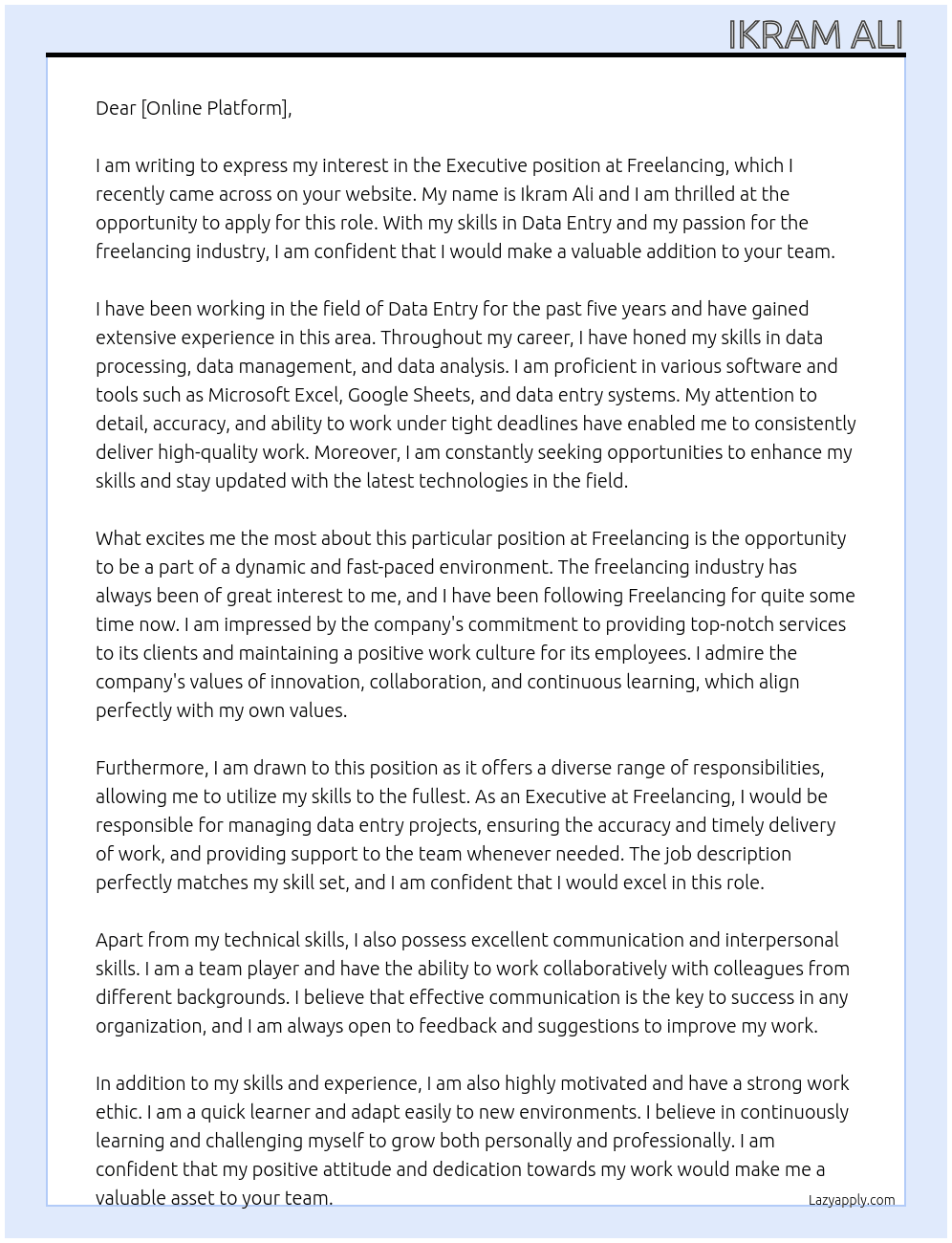 Executive At freelancing Cover Letter
