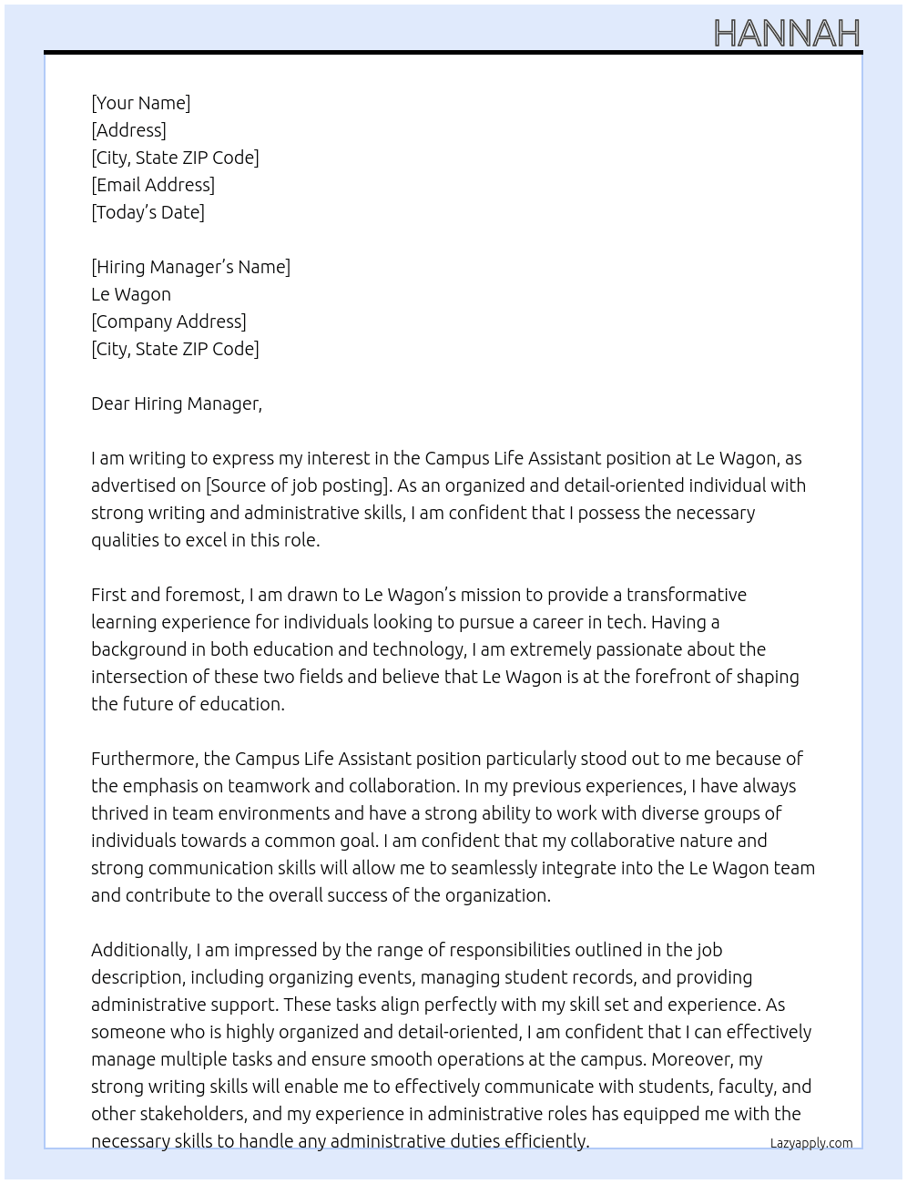 Campus Life Assistant At Le Wagon Cover Letter