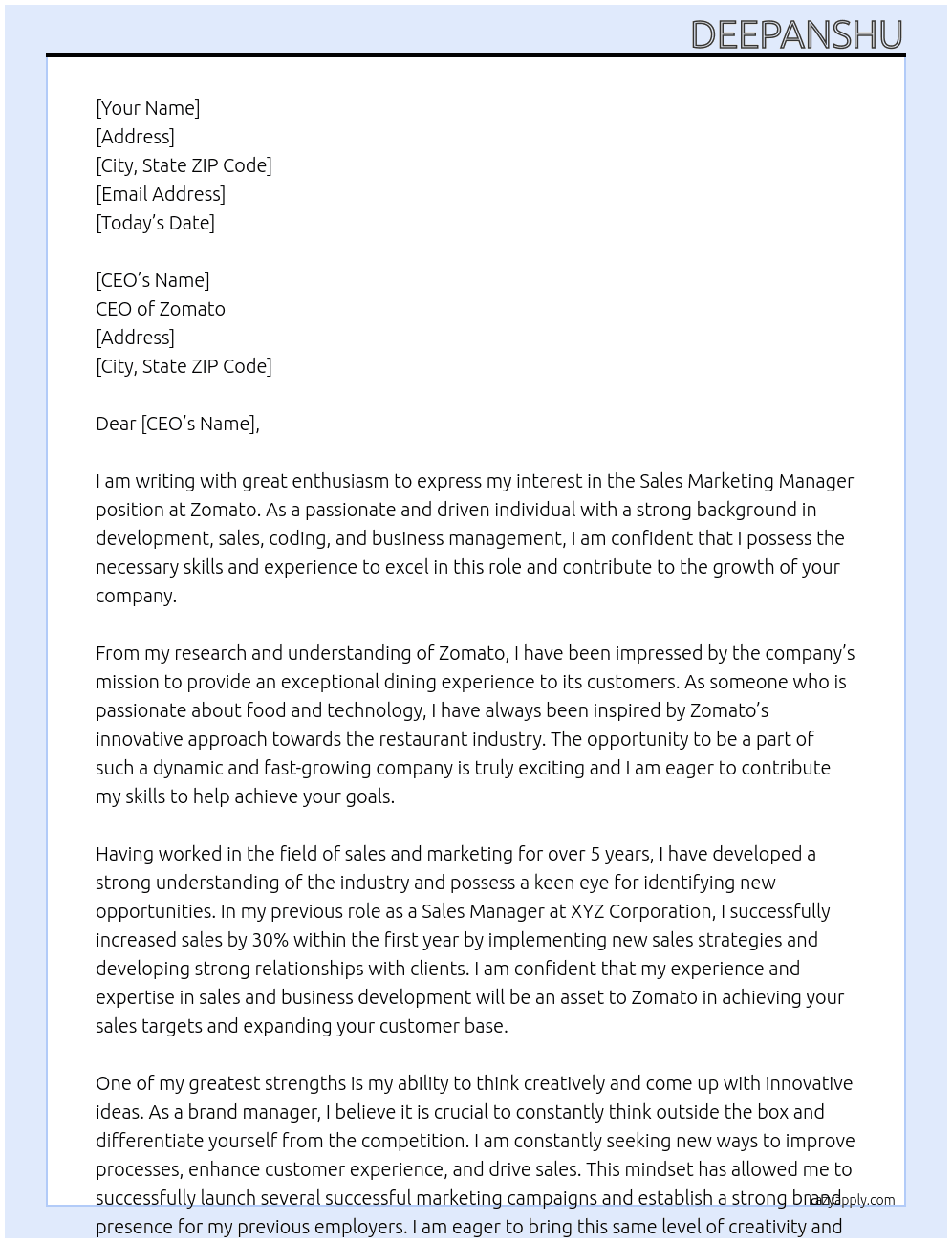 Sales marketing manager  At Zomato  Cover Letter