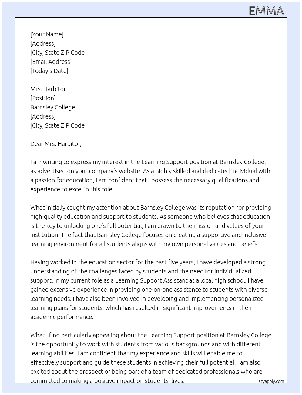 Learning Support At Barnsley College Cover Letter