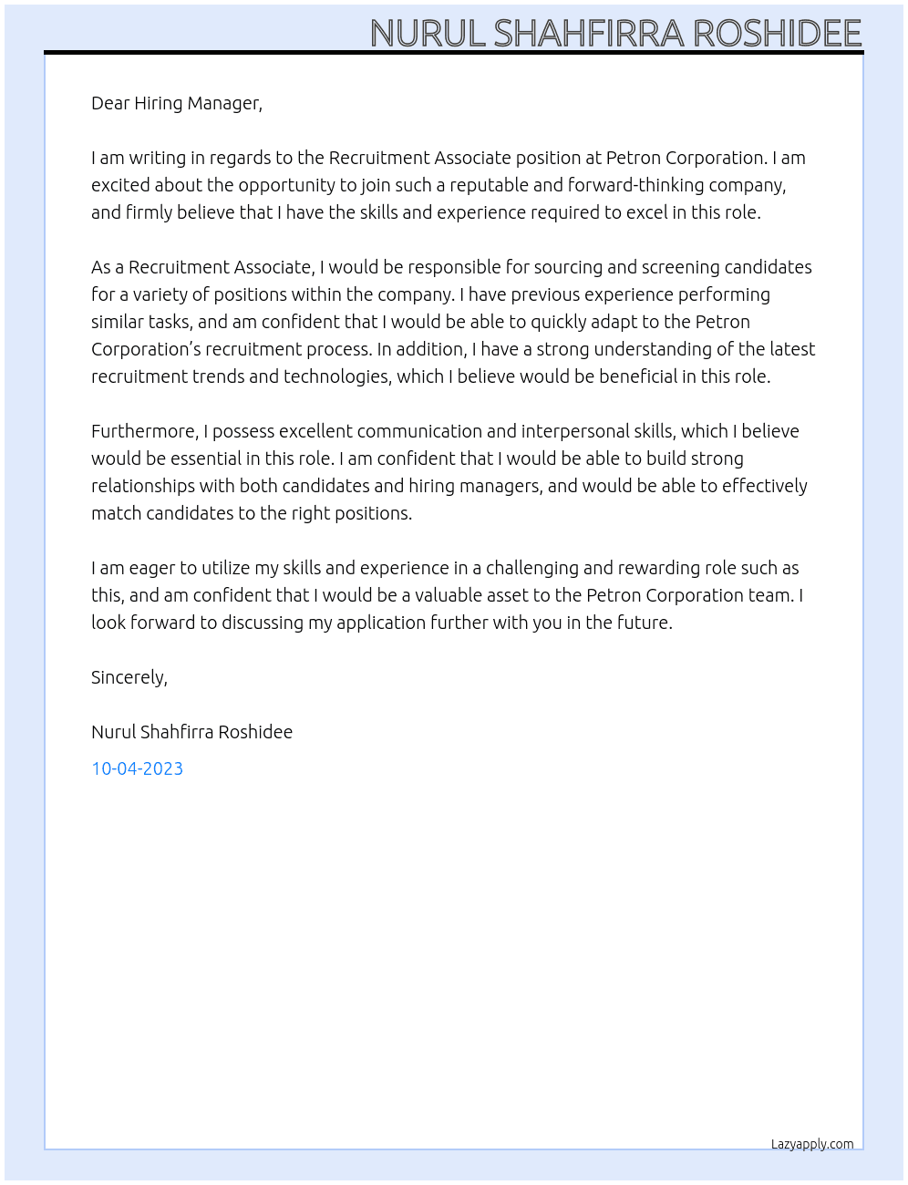 Recruitment Associate At Petron corporation  Cover Letter