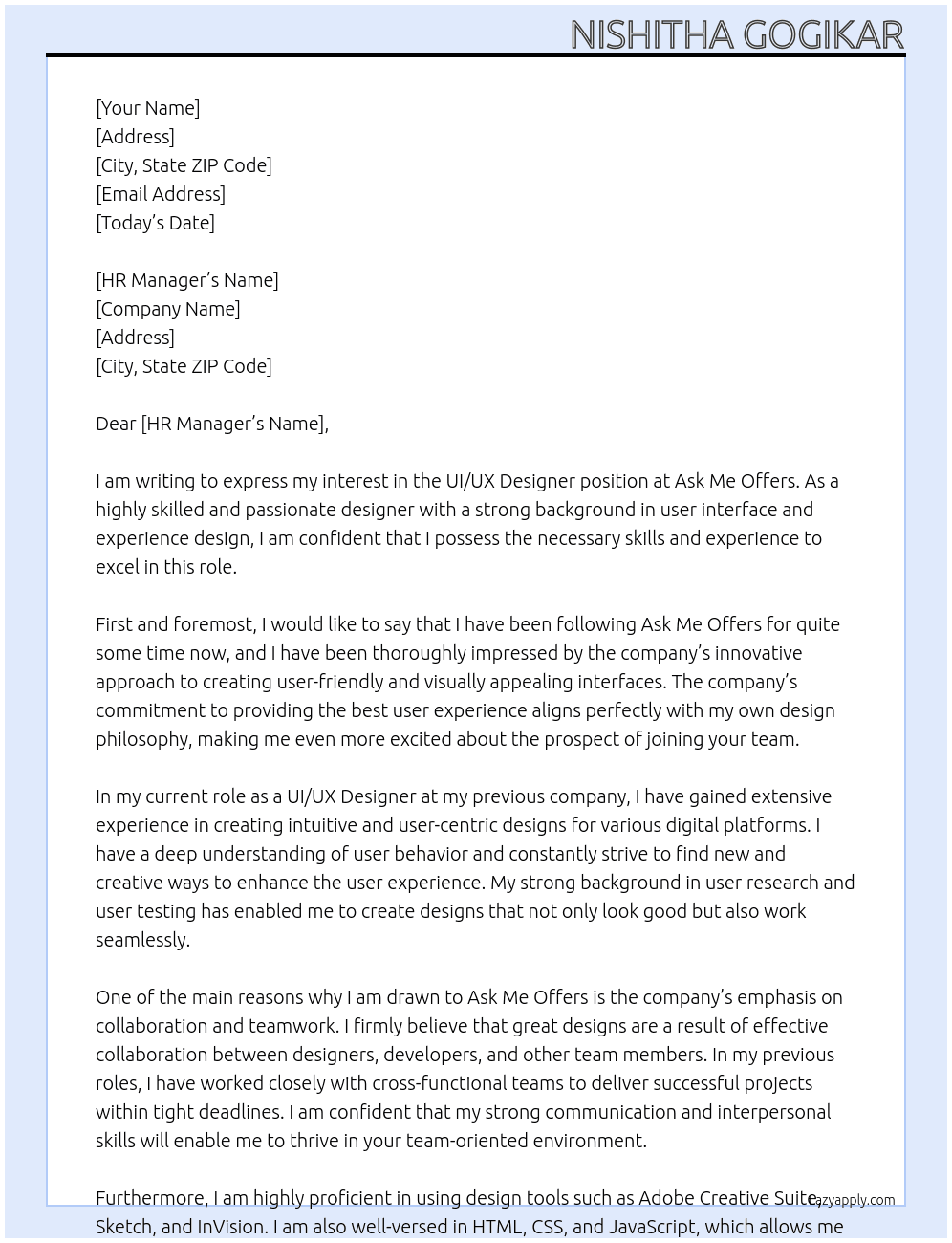 ui ux designer At ask me offers Cover Letter