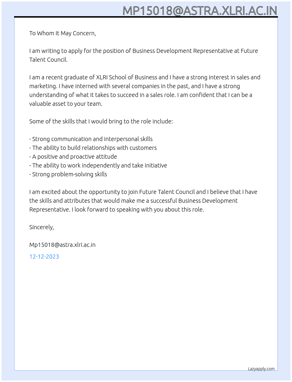 business development representative At Future Talent Council Cover Letter