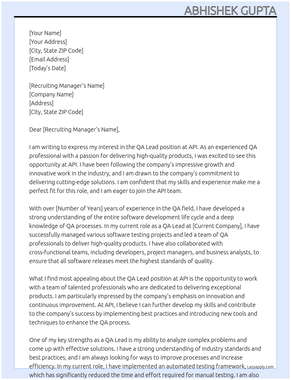 QA Lead At API Cover Letter