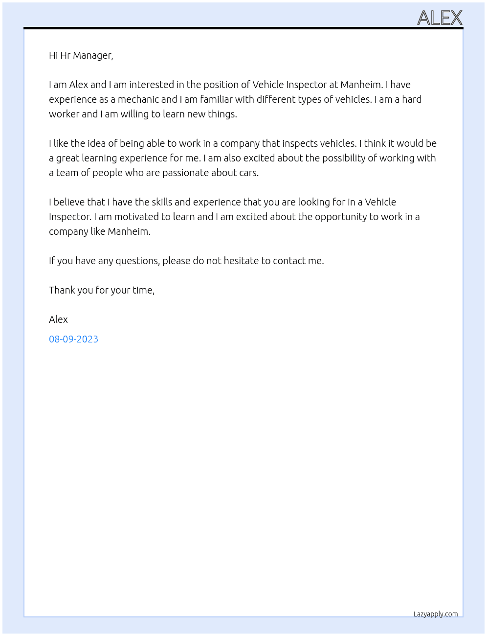 Vehicle inspector At Manheim Cover Letter