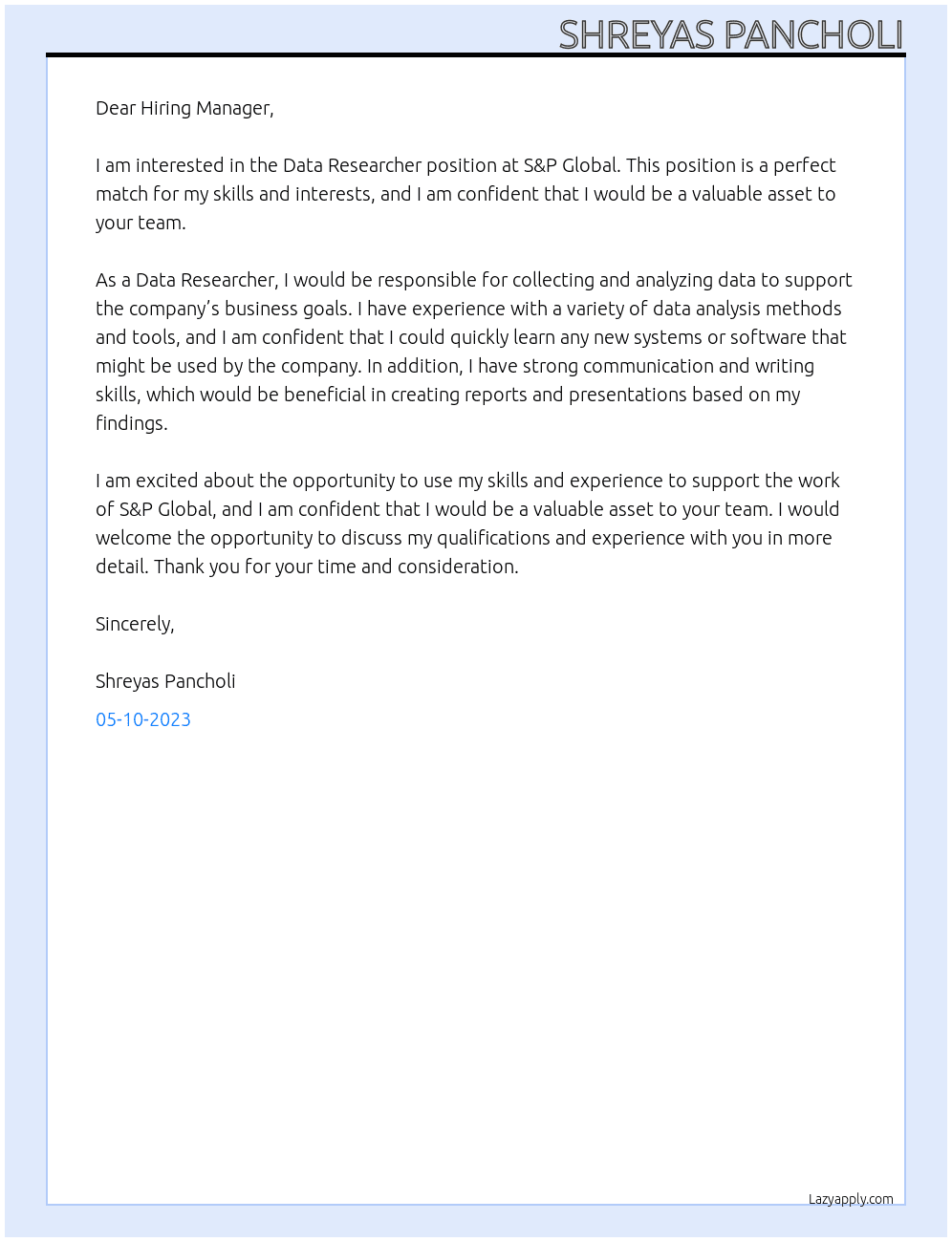 Data Researcher At S & P Global Cover Letter