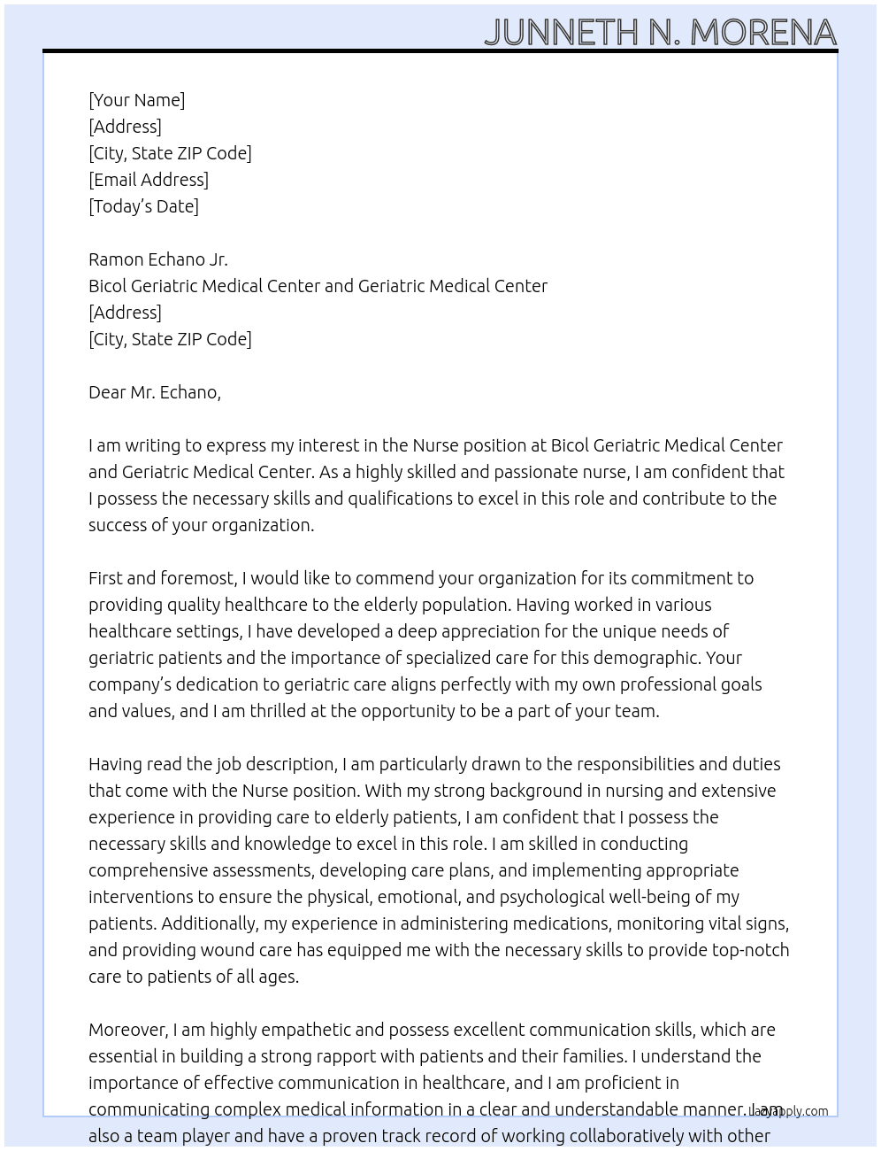 Nurse  At Bicol Geriatric Medical Center and Geriatric Medical Center  Cover Letter