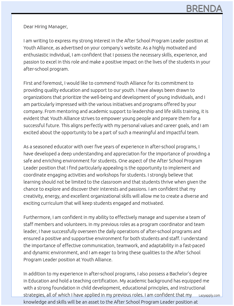 After School Program Leader At Youth Alliance Cover Letter