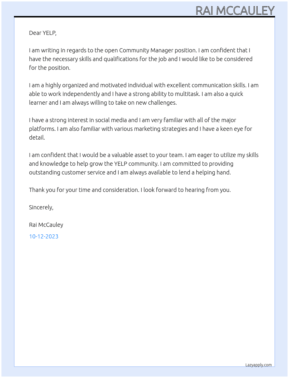 Yelp Community Manager At YELP Cover Letter