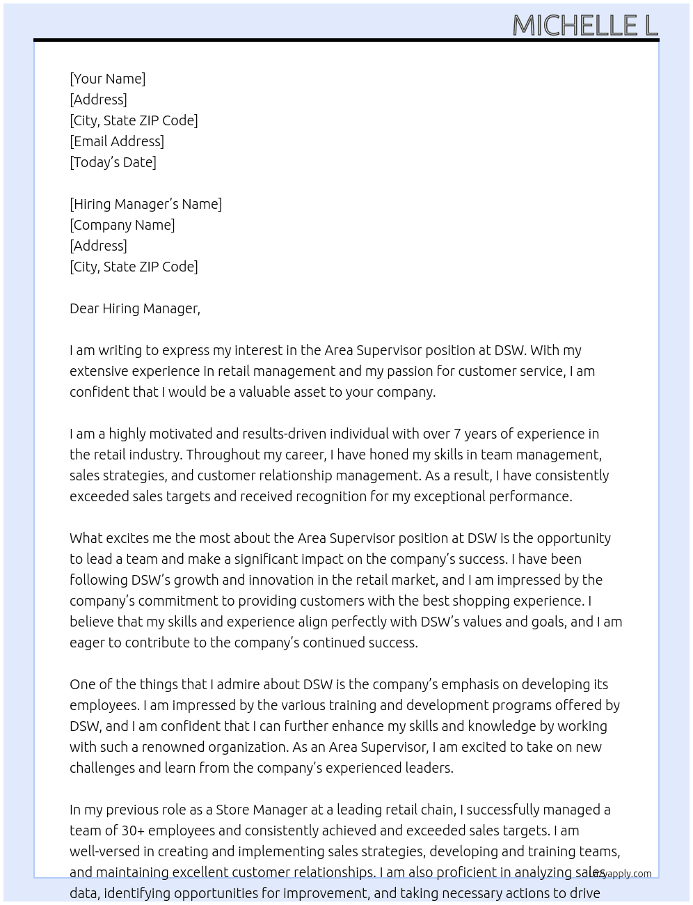 Area Supervisor  At DSW Cover Letter