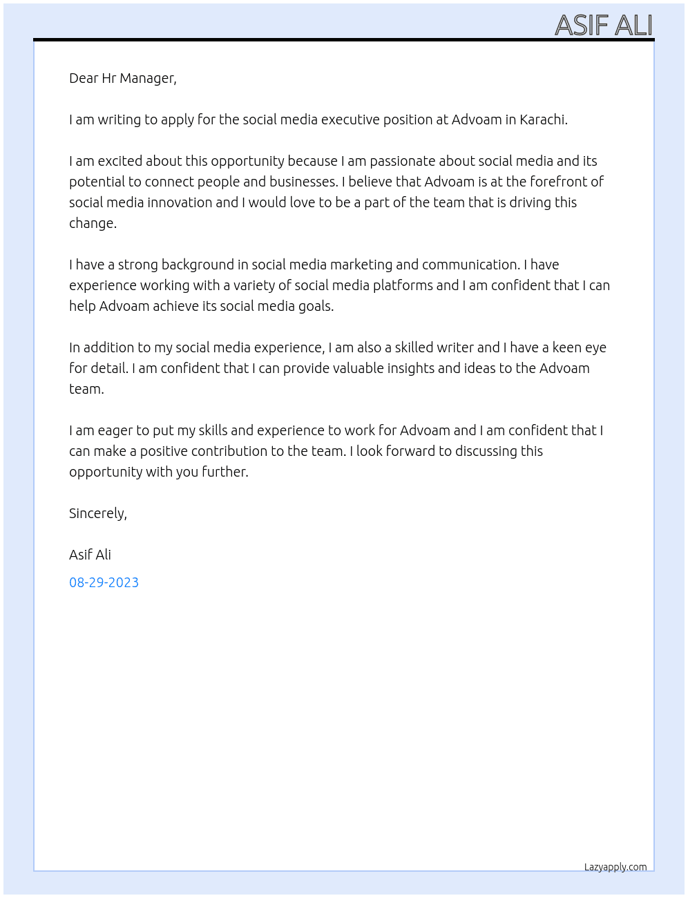 Social media executive At Advoam - Karachi Cover Letter