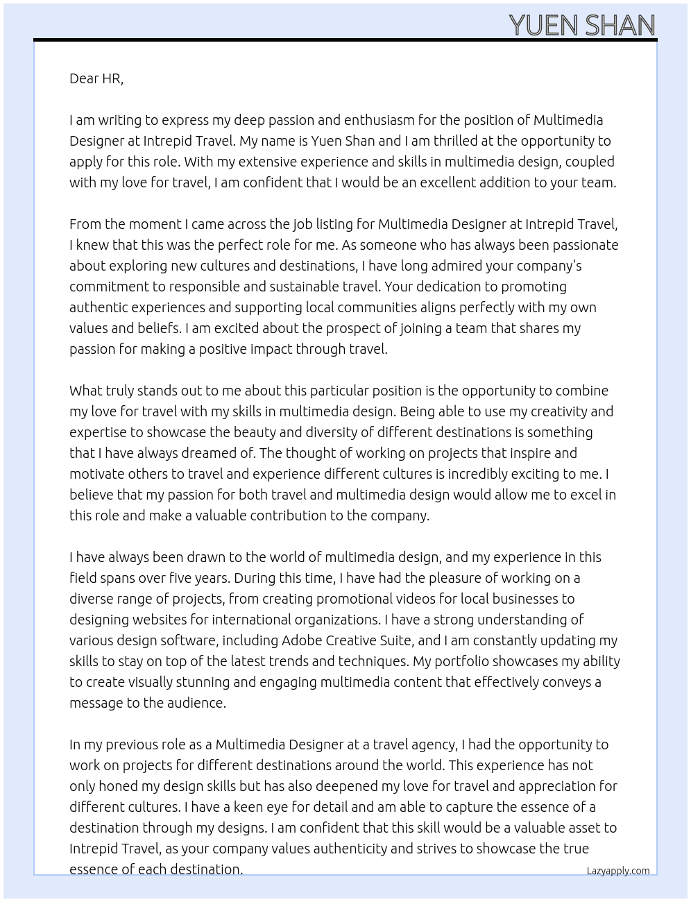 multimedia designer At intrepid travel  Cover Letter