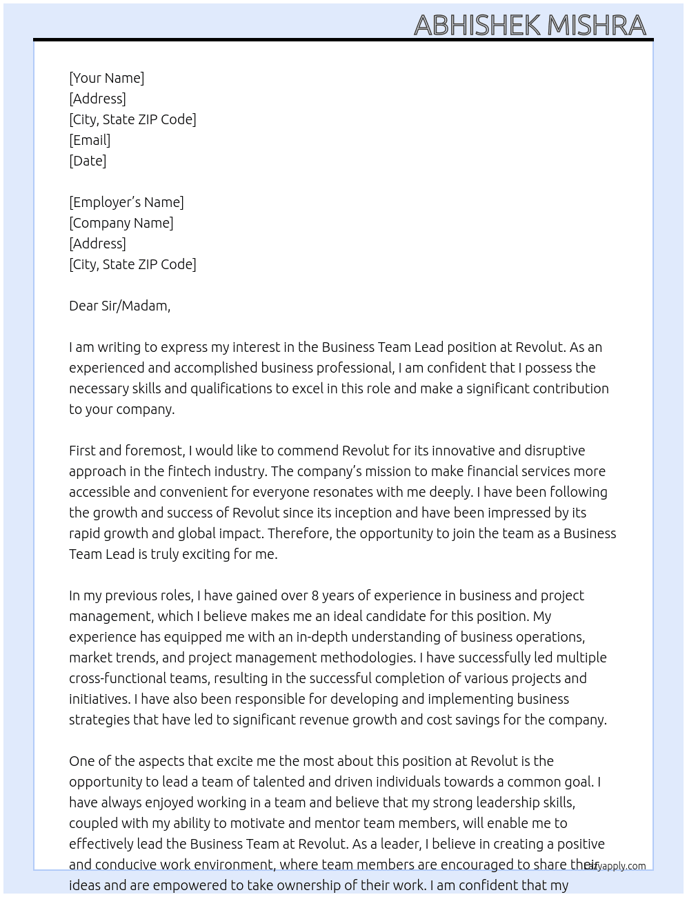 Business team lead At Revolut Cover Letter