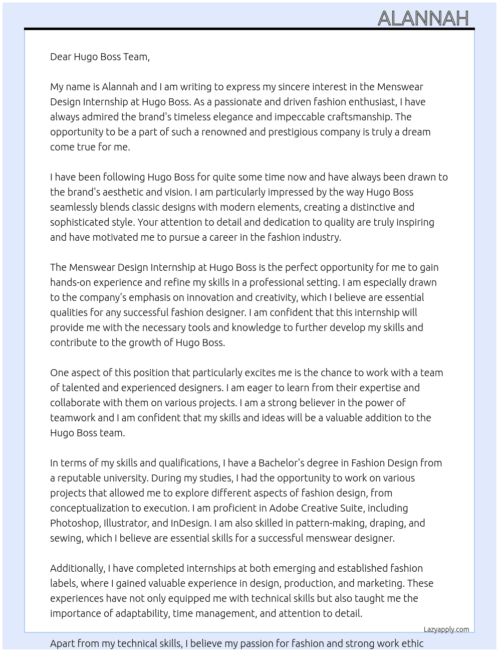 Menswear design internship  At Hugo Boss  Cover Letter