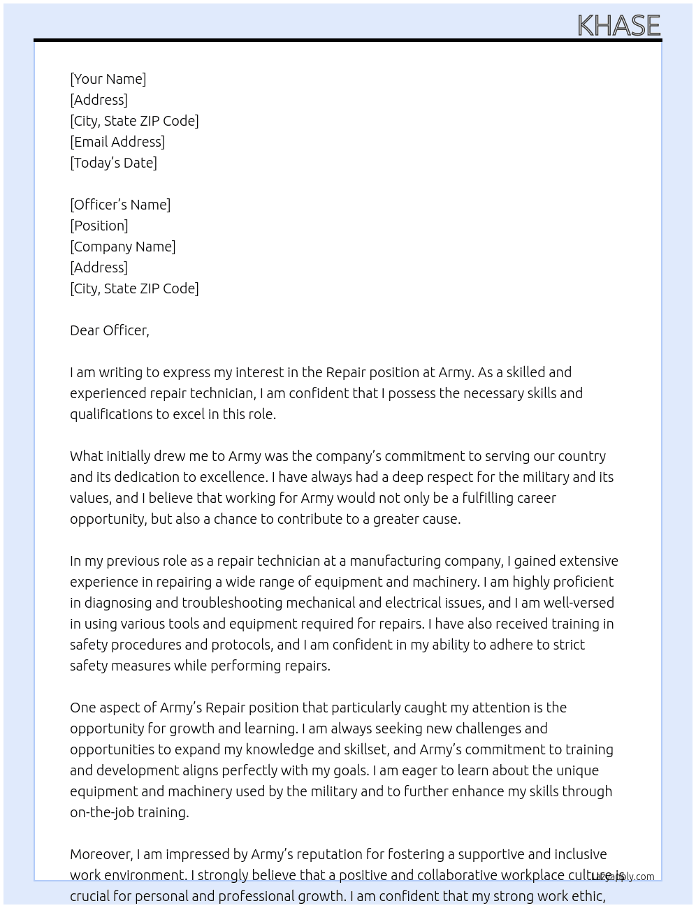 Repair At Army Cover Letter