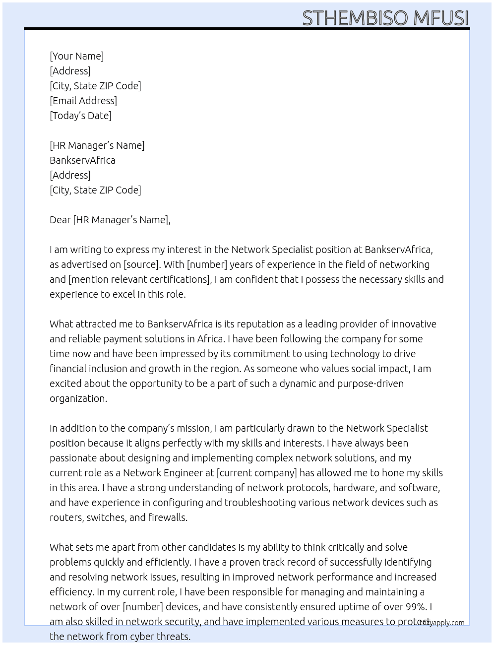 network specialist At BankservAfrica Cover Letter