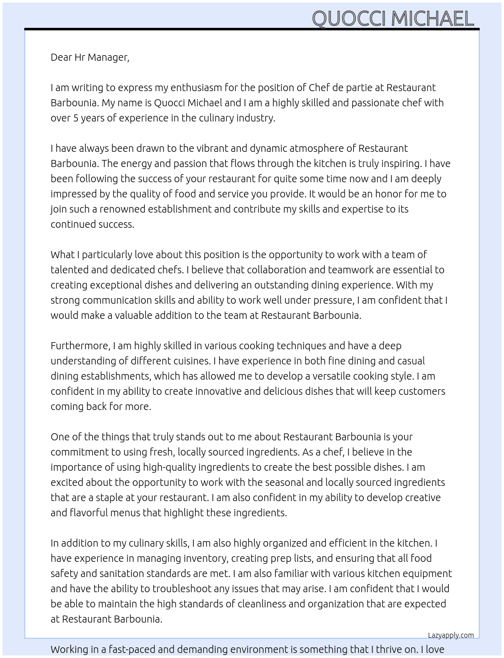 Chef de partie At Restaurant Barbounia Cover Letter