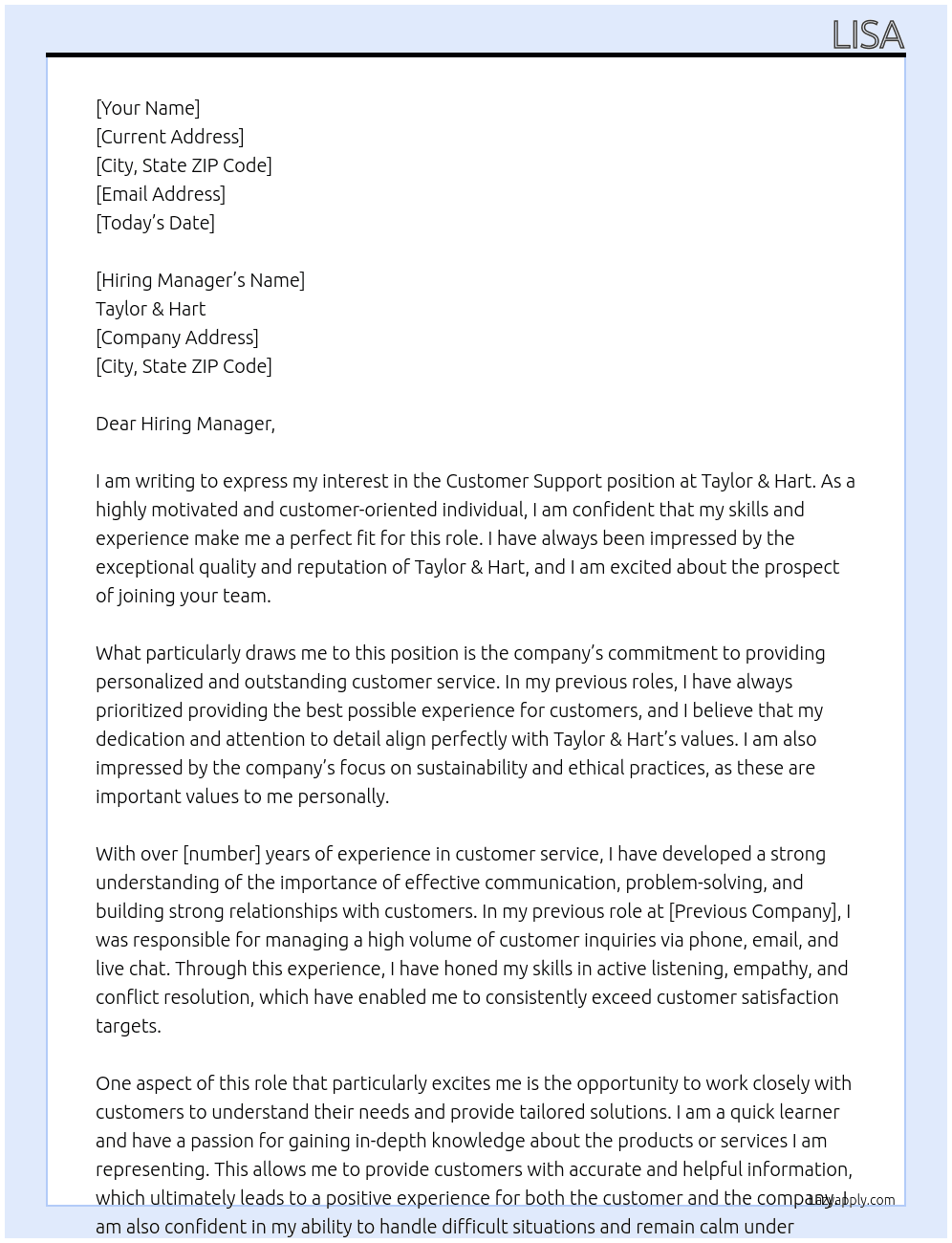 Customer Support  At Taylor & Hart Cover Letter